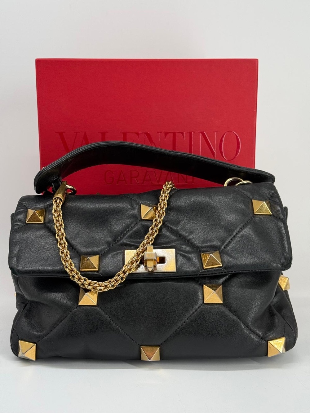 VALENTINO GARAVANI Roman Stud Black Leather Shoulder Bag